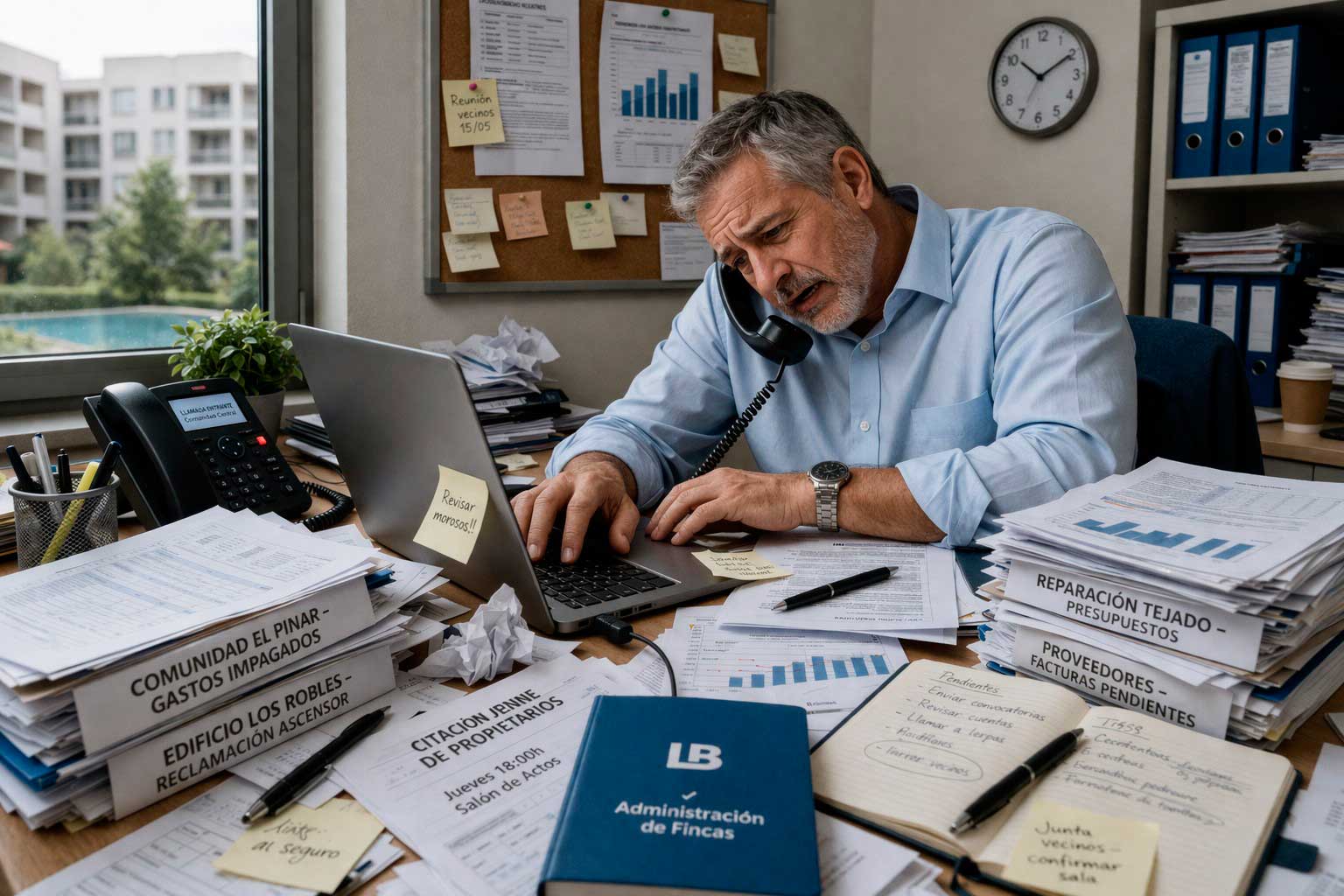 Administrador de fincas desbordado de papeles
